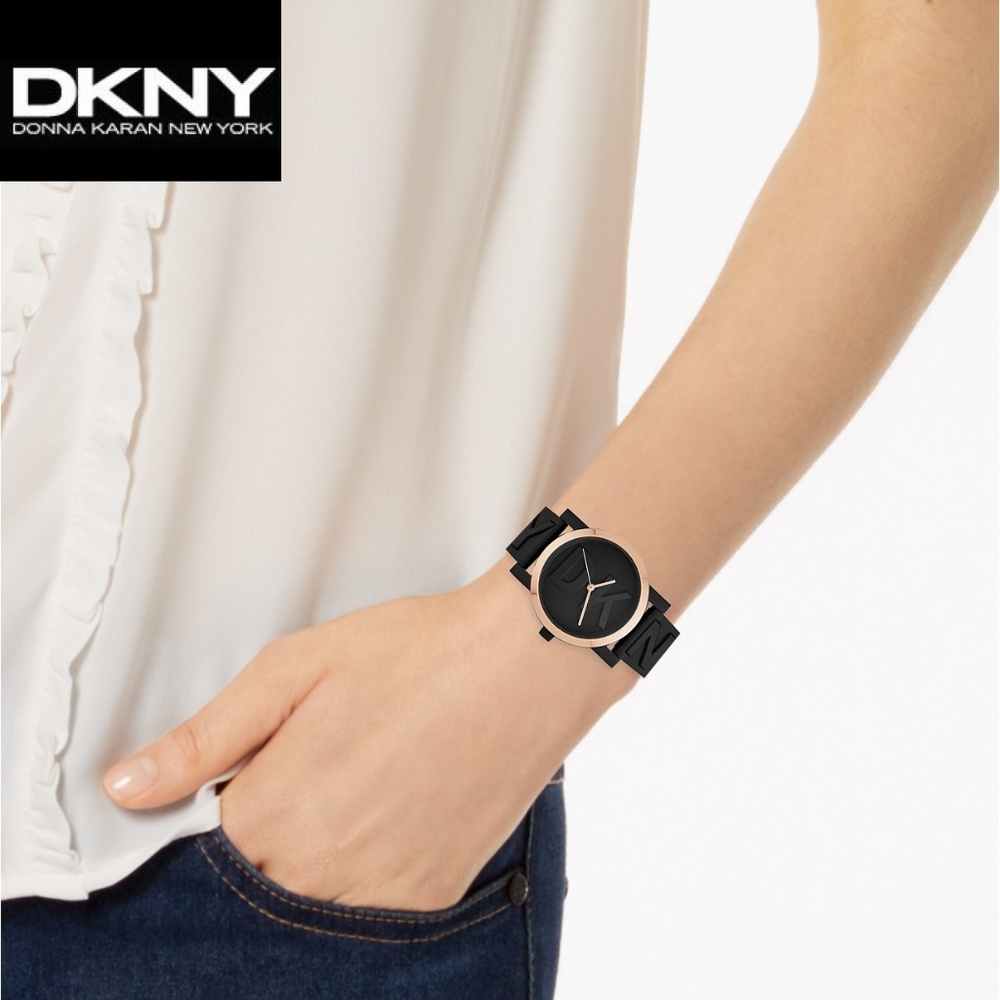 DKNY Women Soho Gold Accent  Black Silicone Watch